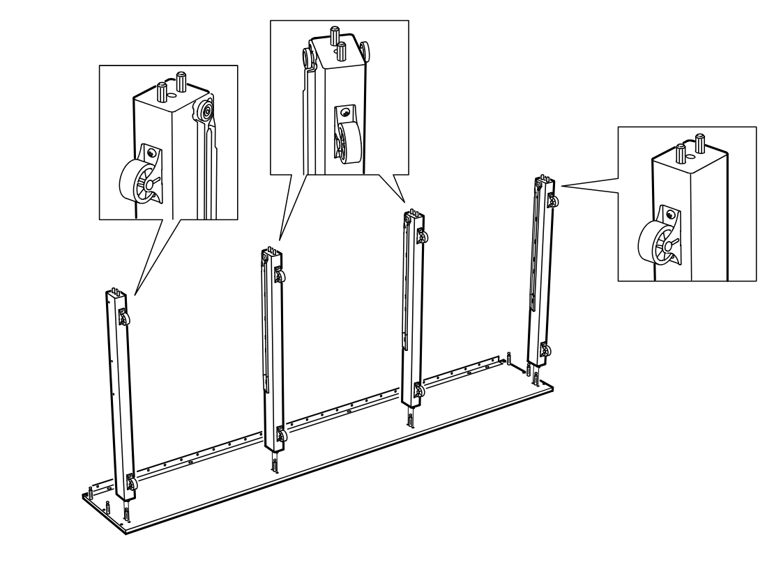 Diagram for step 8: Four vertical side panels are positioned upright onto the base panel, with close-up callouts showing the top cam fittings and wheel-side orientation.