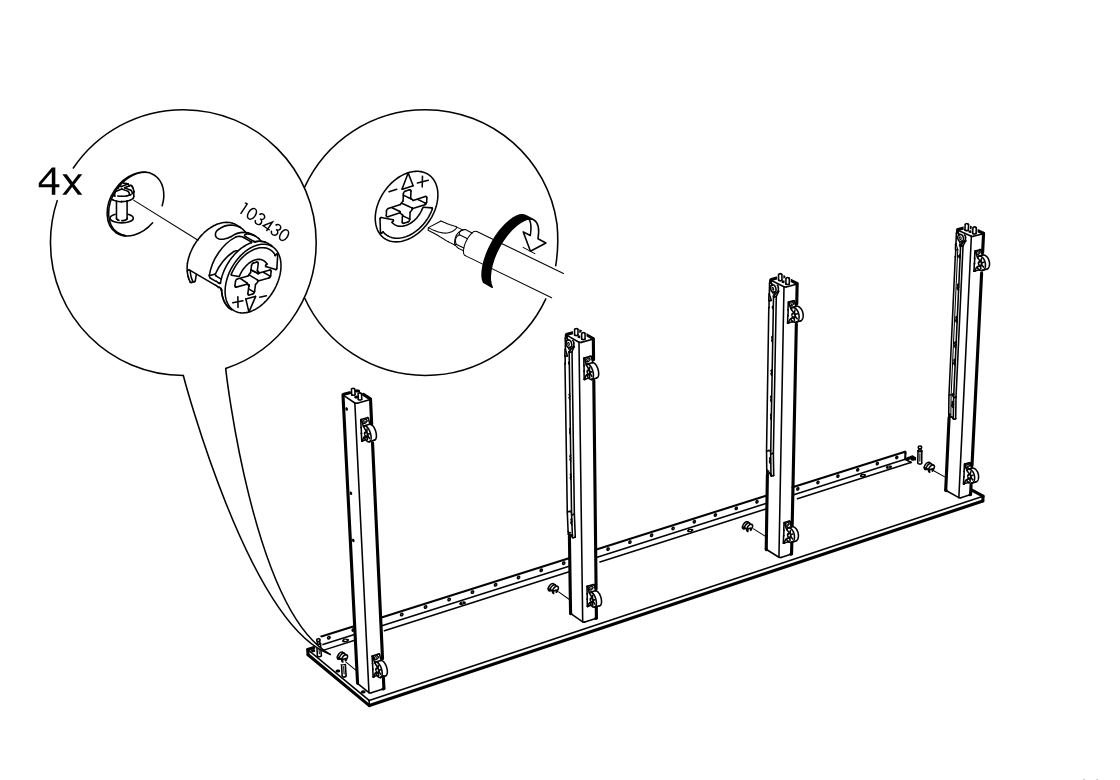 Diagram for step 9: Four cam locks (10430) are inserted and tightened with a screwdriver at the indicated points to secure the upright panels to the base.