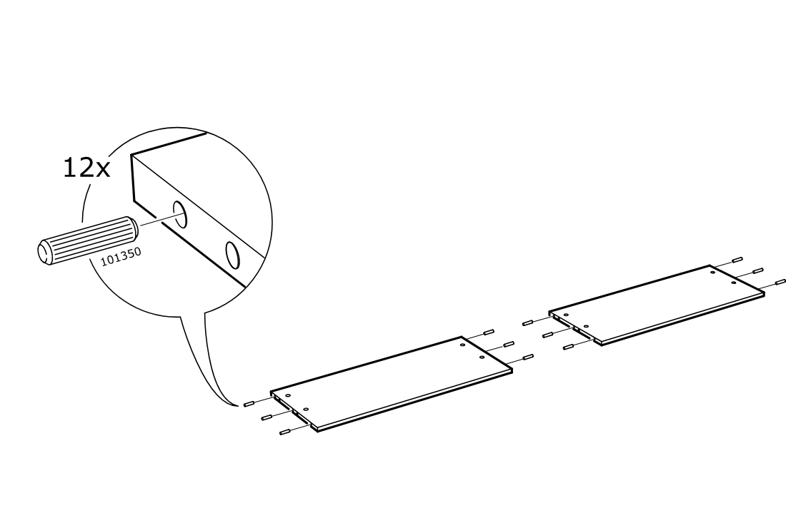 Diagram for step 10: Insert twelve wooden dowels into the predrilled holes of the two rectangular panels as shown in the zoom callout and exploded view.