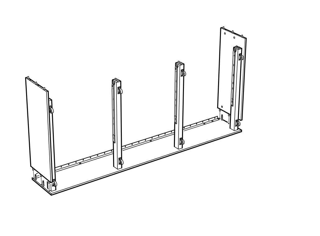 Diagram for step 11: Position and attach the two outer side panels and two inner vertical dividers upright onto the long base panel, aligning them with the predrilled hole lines.