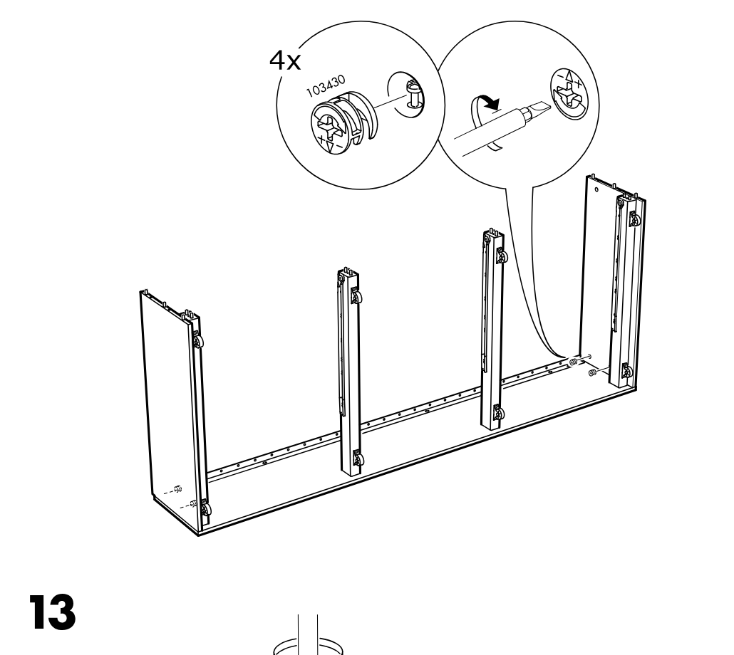 Diagram for step 12: The cam locks are inserted and turned to secure the upright panels to the long base panel.
