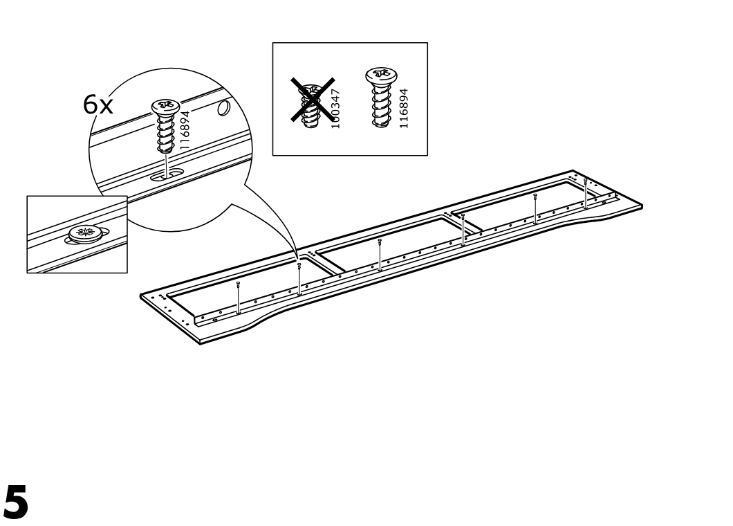 Diagram for step 14: The builder installs six screws (116894) into the long panel, with a callout indicating the correct screw type versus an incorrect one and a zoom showing screw seating detail.