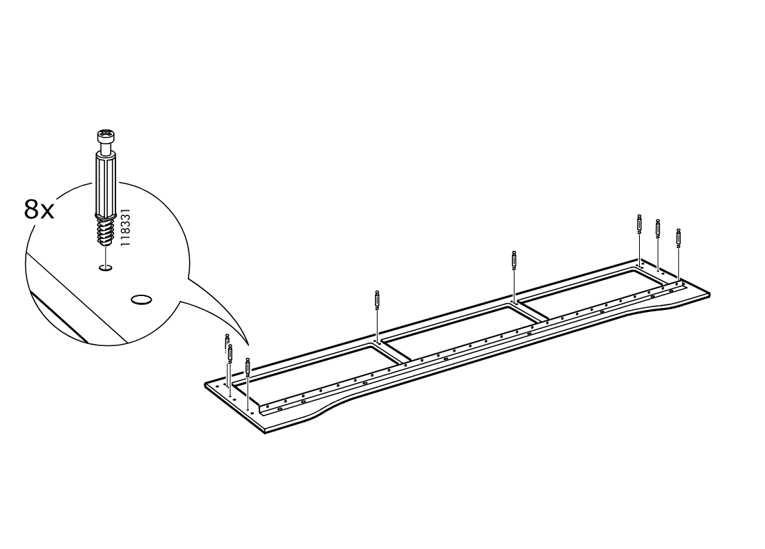 Diagram for step 15: The builder threads eight dowel bolts (118331) into predrilled holes along the same long panel, with a zoom callout showing correct insertion orientation.