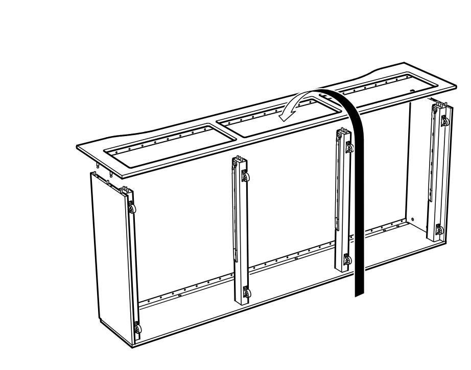 Diagram for step 16: The top panel is lowered onto the frame and aligned while a strap is pulled over it to secure position.