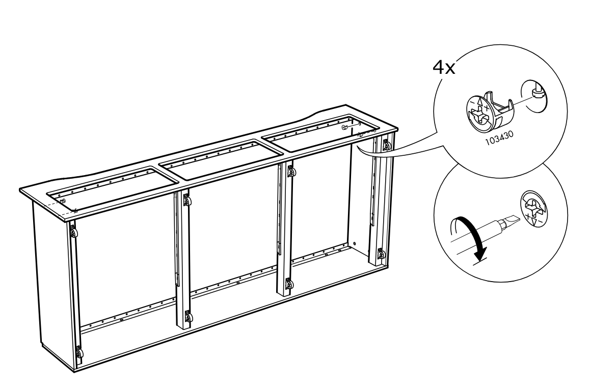 Diagram for step 17: Four cam locks (103430) are inserted and turned with a screwdriver to lock the top panel to the frame.