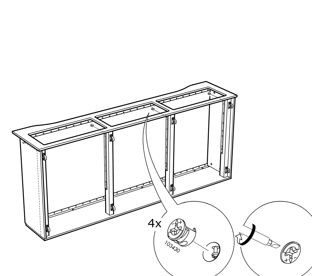 Diagram for step 18: The cabinet frame is shown assembled while four cam locks (103430) are inserted and tightened with a screwdriver, with zoom callouts showing the hardware and turning direction.