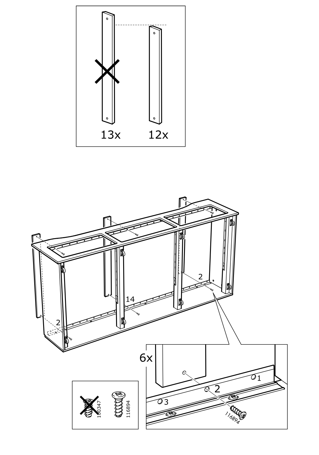 Diagram for step 19: The assembler secures the lower rail to the vertical panels using six 116894 screws (not 100347), aligning positions marked 1, 2, and 3 as shown in the zoom inset.