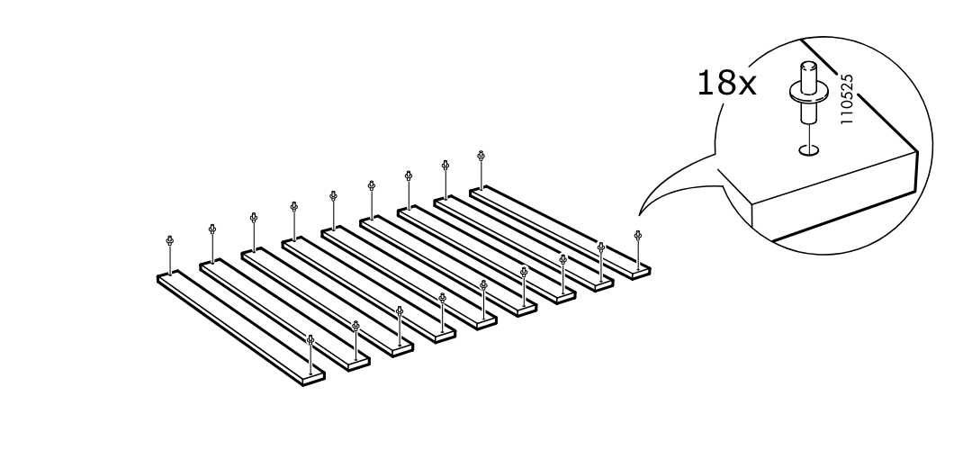 Diagram for step 20: Eighteen fasteners are inserted into the ends of the slats, with a zoom callout showing the correct orientation of part 110525.