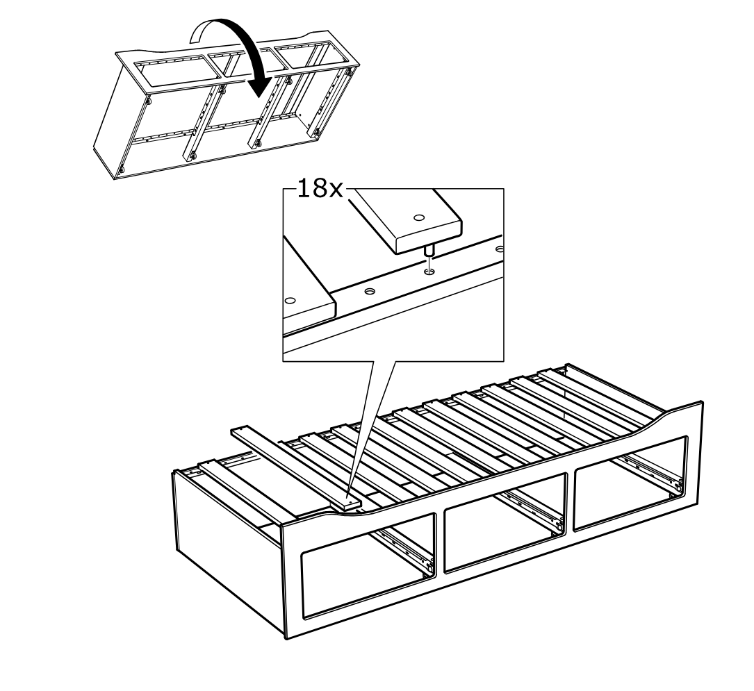 Diagram for step 21: The slatted base is folded down into the frame and aligned, then secured at eighteen points as shown in the zoomed connection detail.