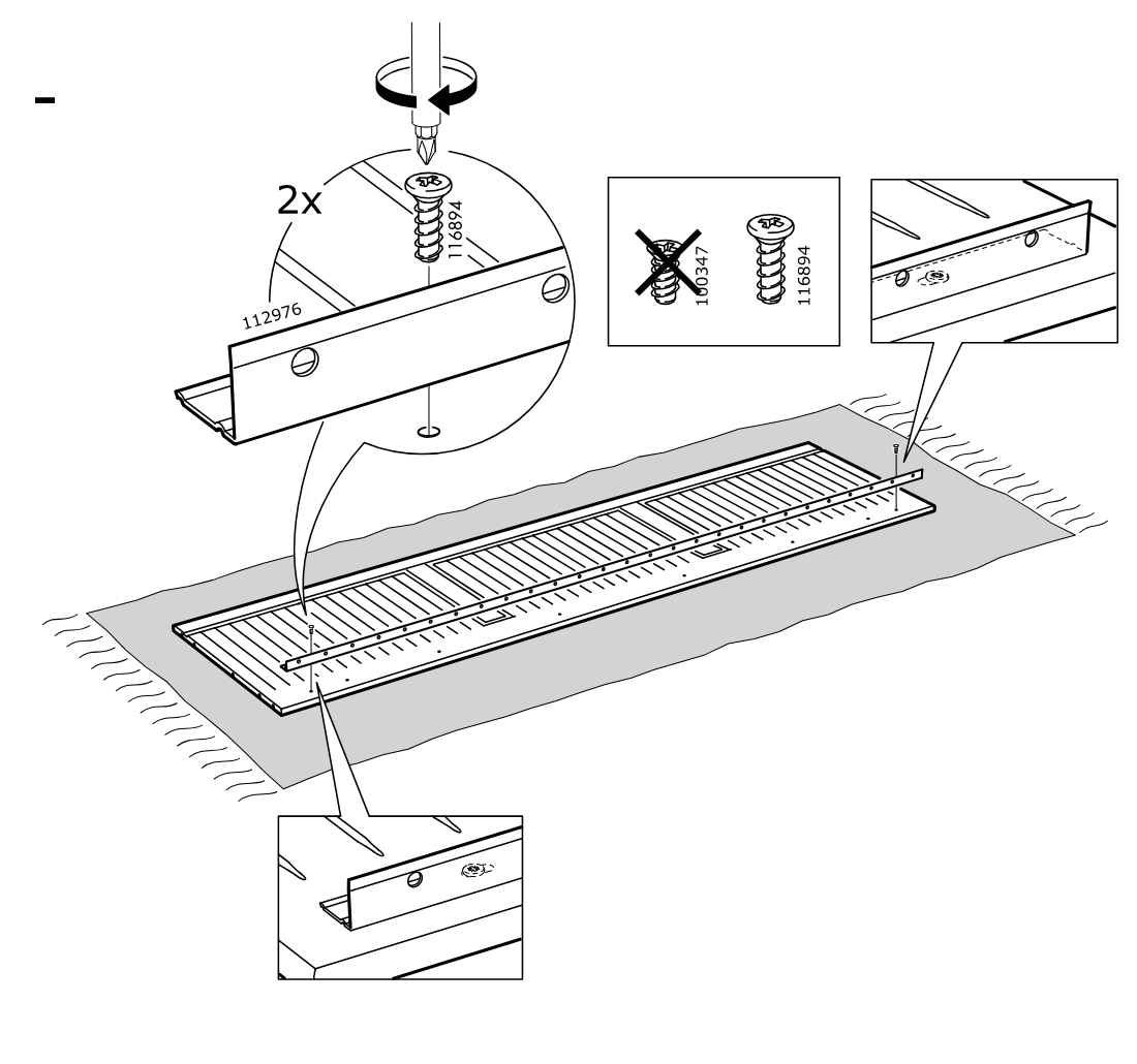 Diagram for step 22: The long rail is aligned along the slatted panel and fastened with two 116894 screws, with close-up callouts showing correct screw choice and edge orientation.