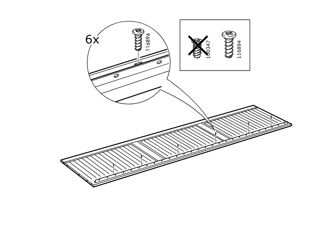 Diagram for step 23: Insert six screws (116894) into the long panel edge holes, as shown in the zoom detail, and do not use screw 100347.