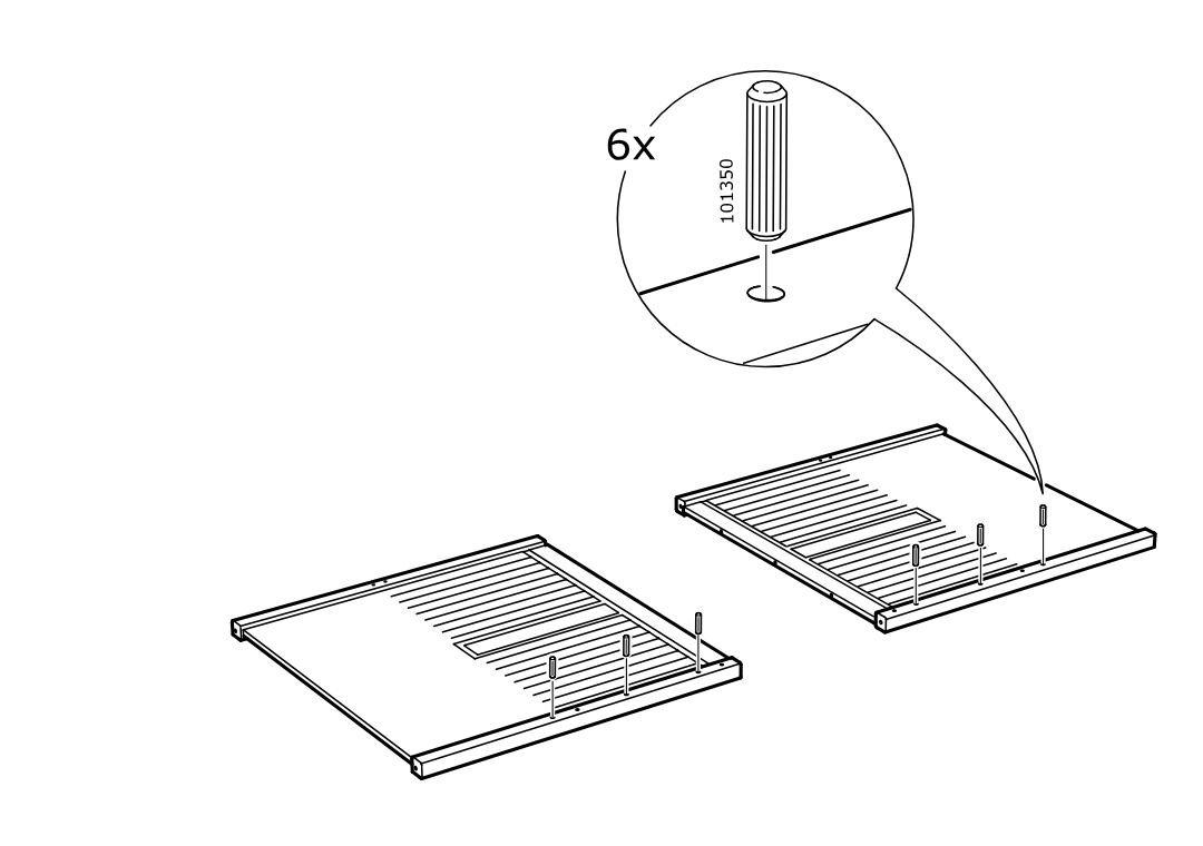 Diagram for step 24: Insert six dowels (101350) into the predrilled holes on the two smaller panels, three dowels per panel.