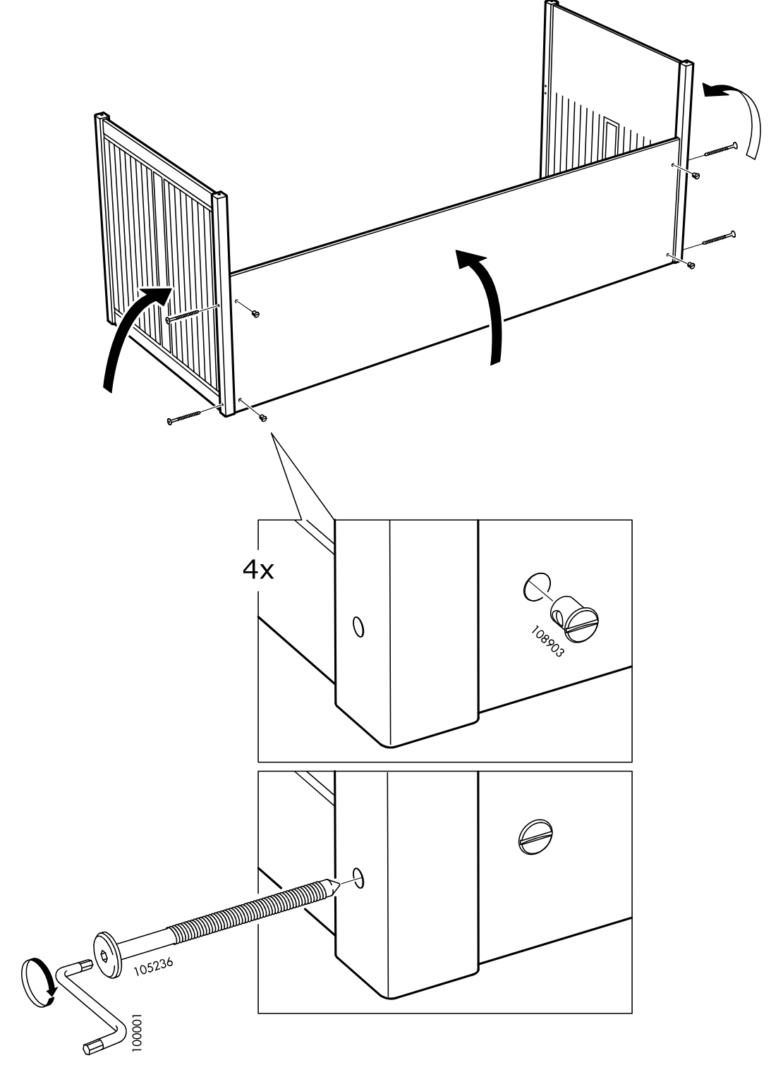 Diagram for step 25: Attach the long side panel between the two end frames, rotate the cam locks (108203) at four points, and tighten the long bolts (105236) with the Allen key (100001).
