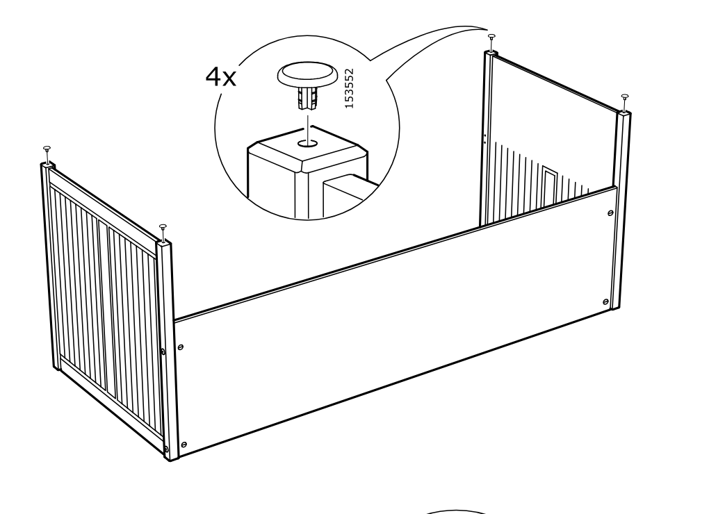 Diagram for step 26: The side and front panels are aligned and four plug caps (153552) are pressed into the top post holes.