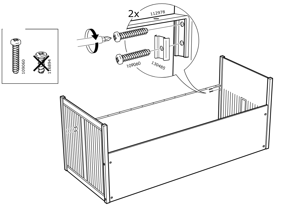 Diagram for step 27: Two screws (109060) are driven into part 130485 at the upper corner connection, using screw type 112978, while screw 116894 is explicitly marked as not to be used.