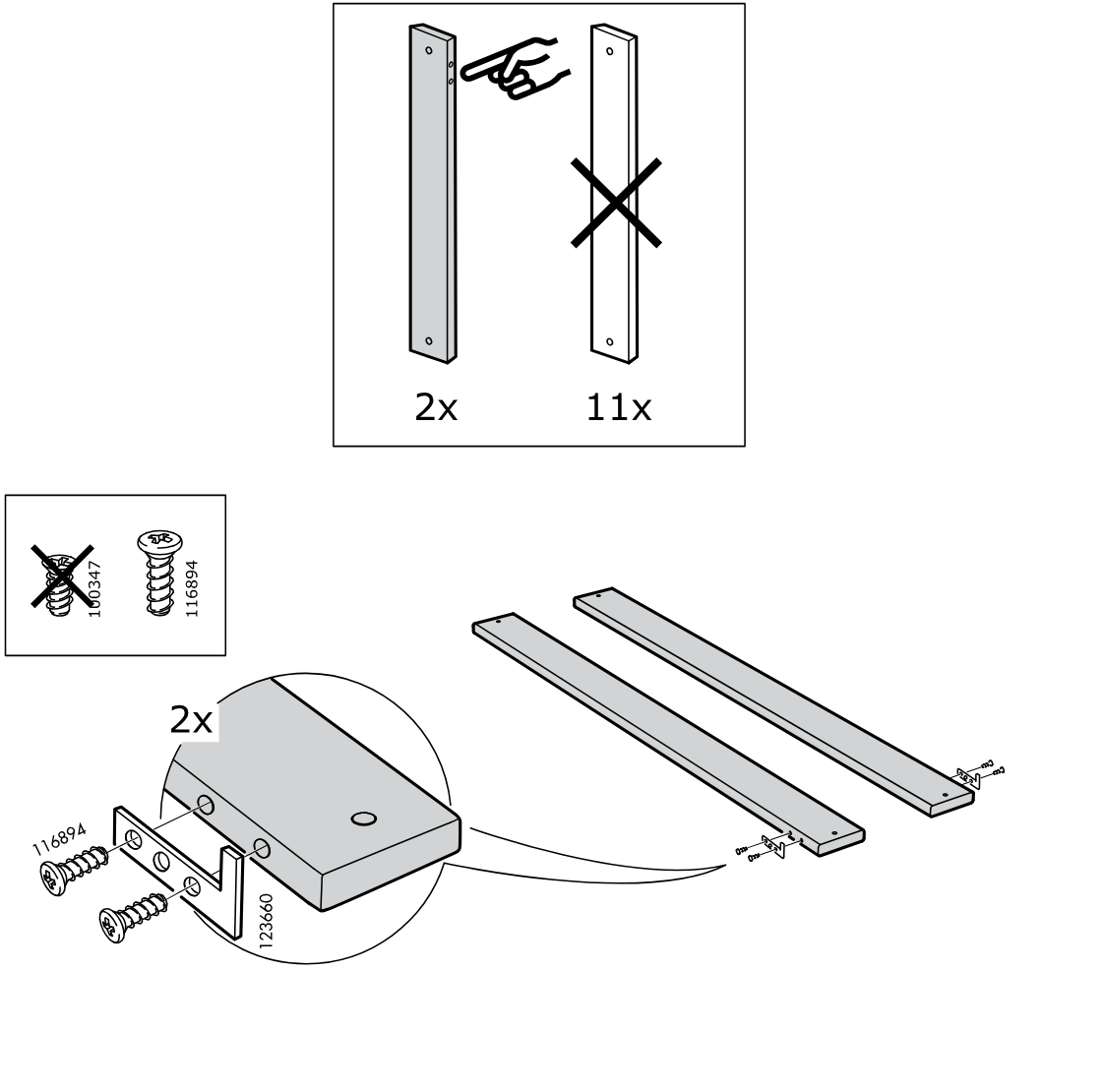 Diagram for step 28: Select the two correct side rails, then fasten bracket 123660 to each rail end using two 116894 screws per rail as shown in the zoom detail.