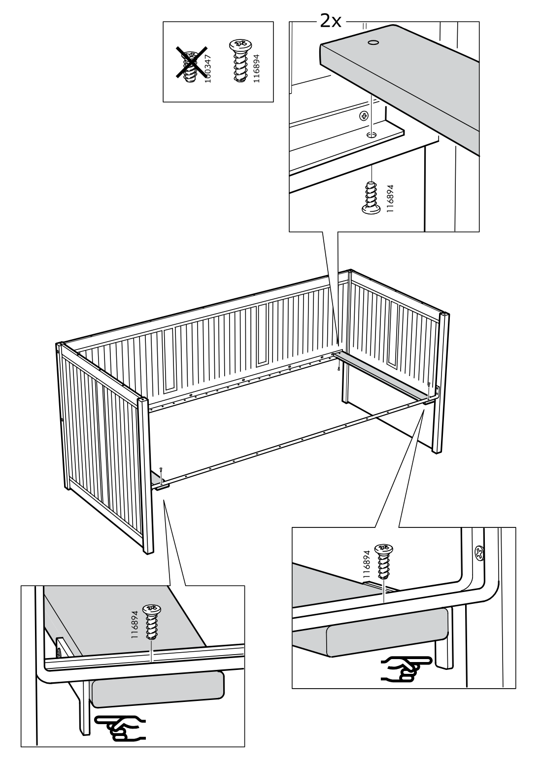Diagram for step 29: Install two 116894 screws to secure the side rail/frame corners while supporting the lower panel from underneath, using the detailed corner close-ups for alignment and screw choice.