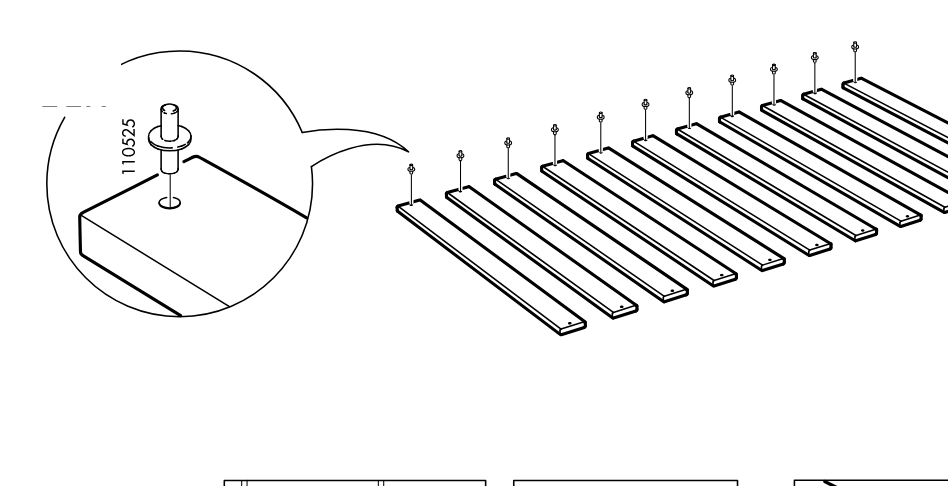 Diagram for step 30: Insert eleven 110525 pins into the bed slats as shown, one pin per slat.