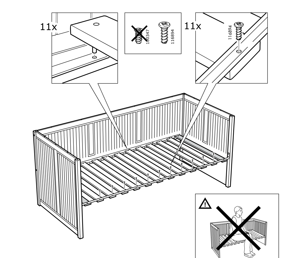 Diagram for step 31: Place the slats into the bed frame and fasten them with eleven 116894 screws (not 103347), then keep the bed unloaded as indicated by the crossed-out standing warning.