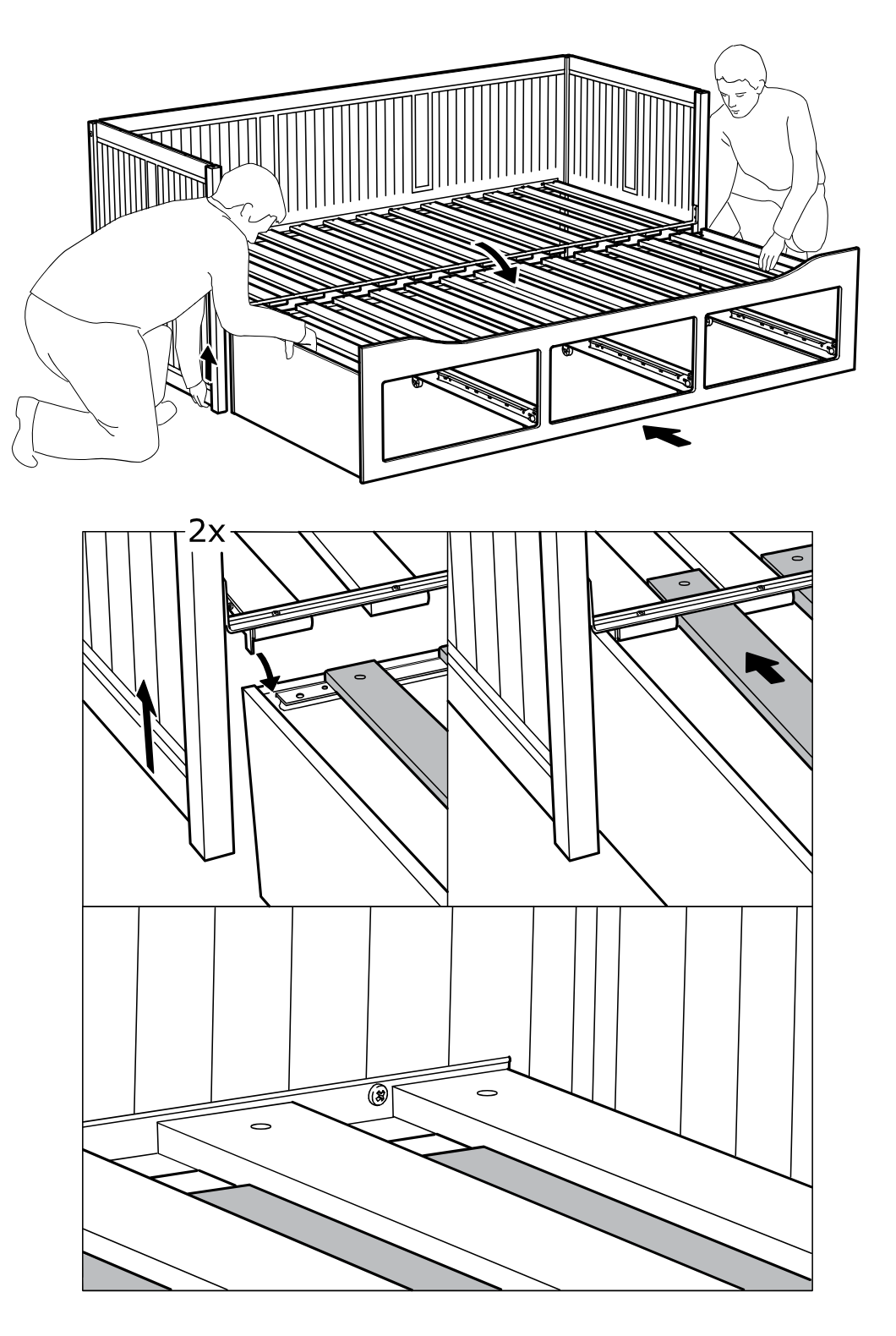 Diagram for step 32: Two people position and slide the bed sections together, then align and secure the inner rail connection points shown in the enlarged callouts.