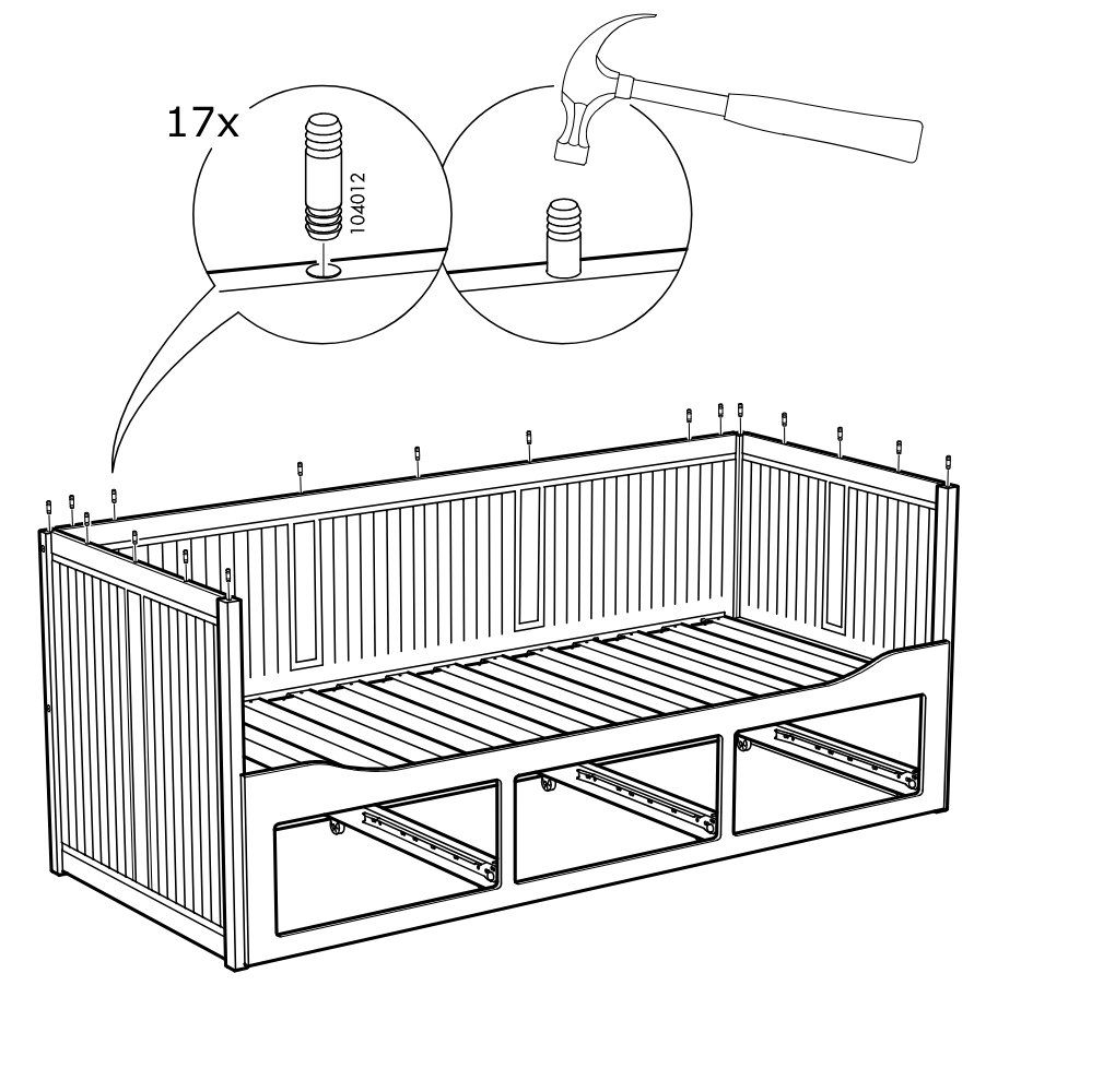 Diagram for step 33: Thread 17 cam screws into the top rail holes around the bed frame and tap them down with a hammer as shown in the zoom callout.