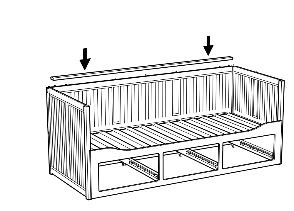 Diagram for step 34: Two long top rails are positioned and lowered onto the upper edges of the bed frame.