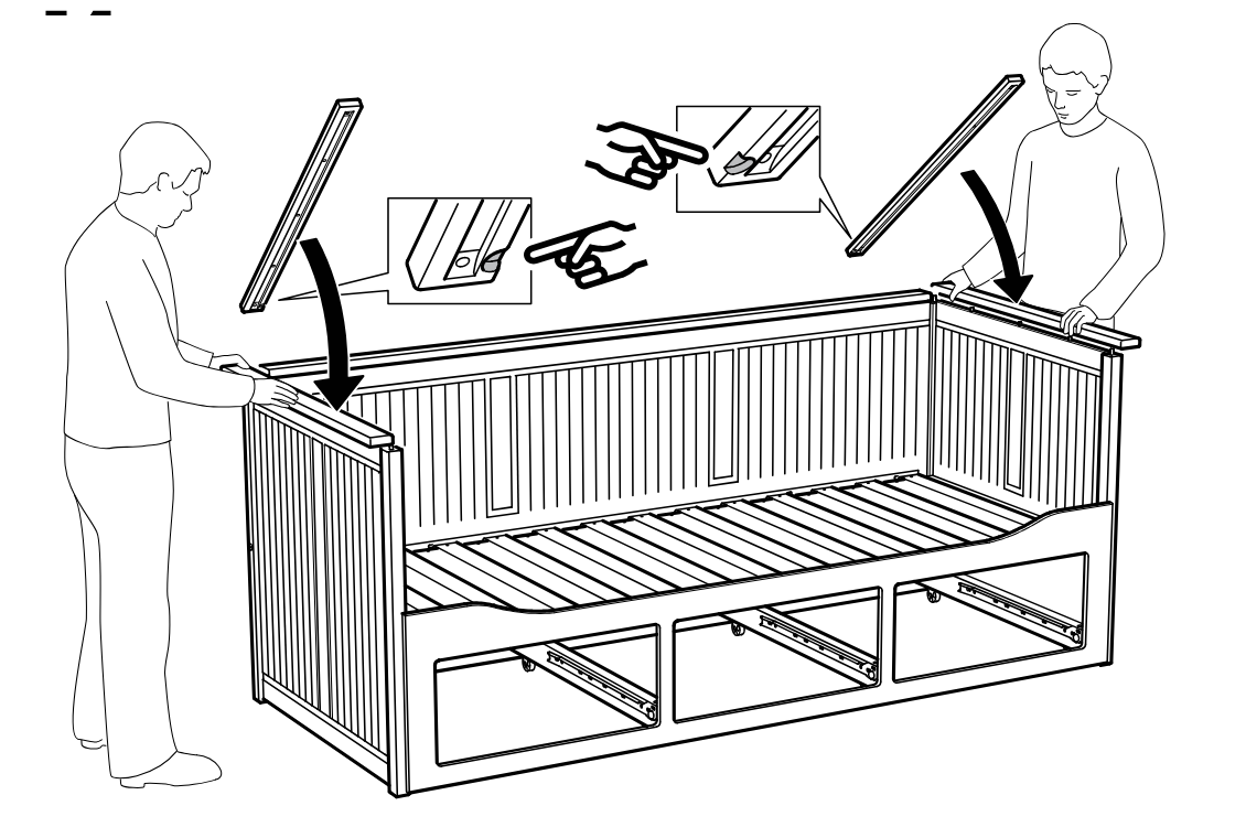 Diagram for step 35: Two people align each long rail’s end orientation with the corner posts and press the rails down into place along both top sides.