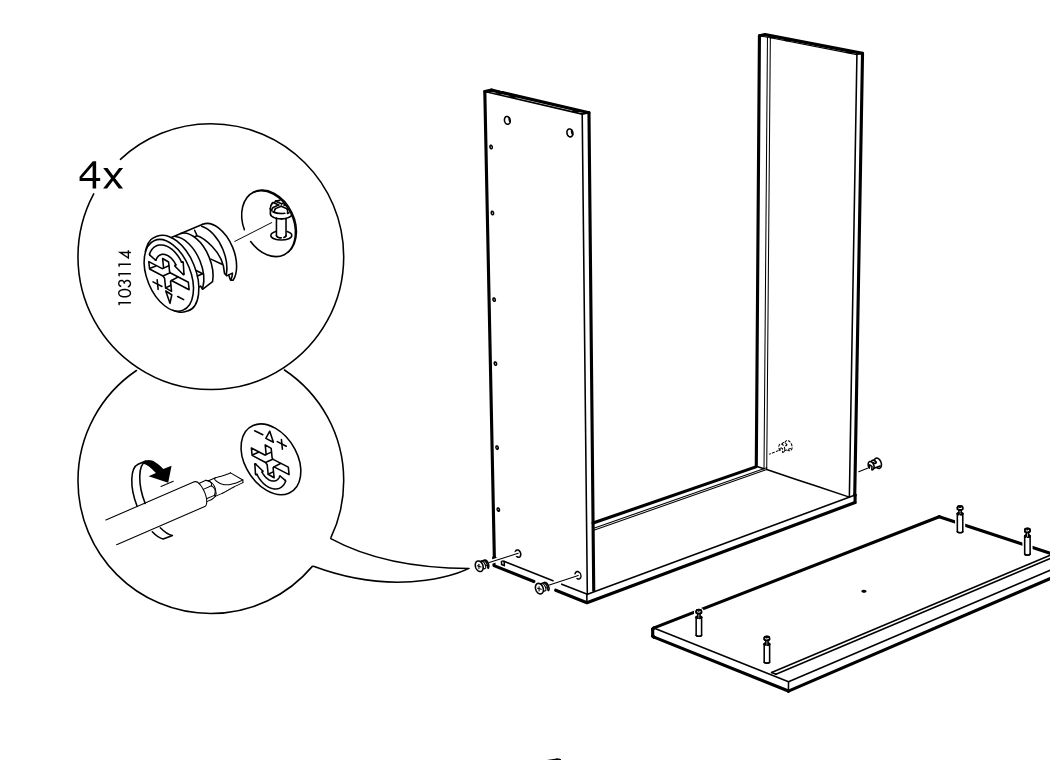 Diagram for step 36: The side panels are connected to the bottom panel using four cam locks, then the cams are tightened with a screwdriver as shown in the zoom callouts.