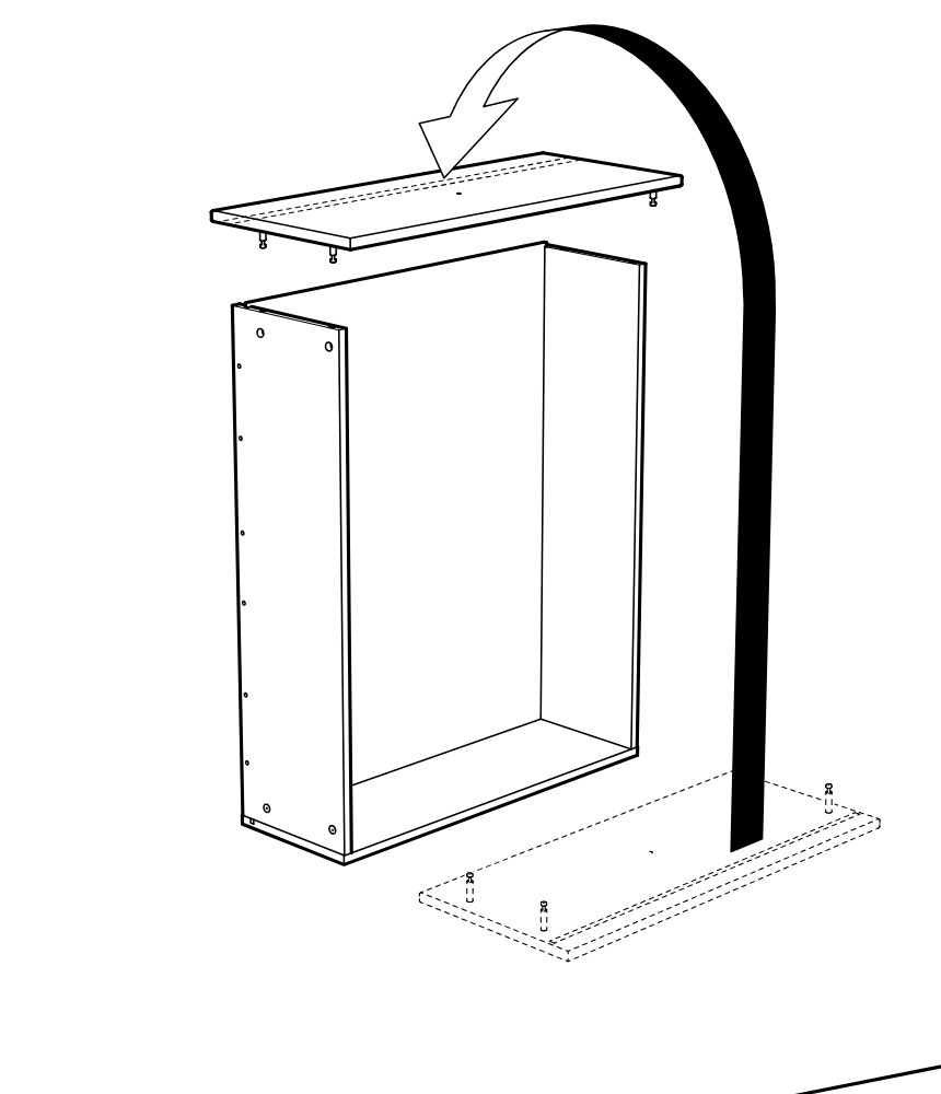 Diagram for step 38: The top panel is lowered onto the cabinet frame, guided by a large curved arrow to align with the corner posts.