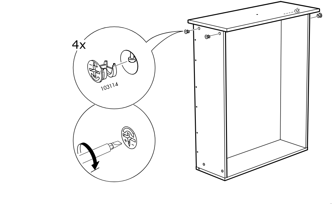 Diagram for step 39: Four cam locks (103114) are inserted and then turned with a screwdriver to secure the top panel to the cabinet sides.