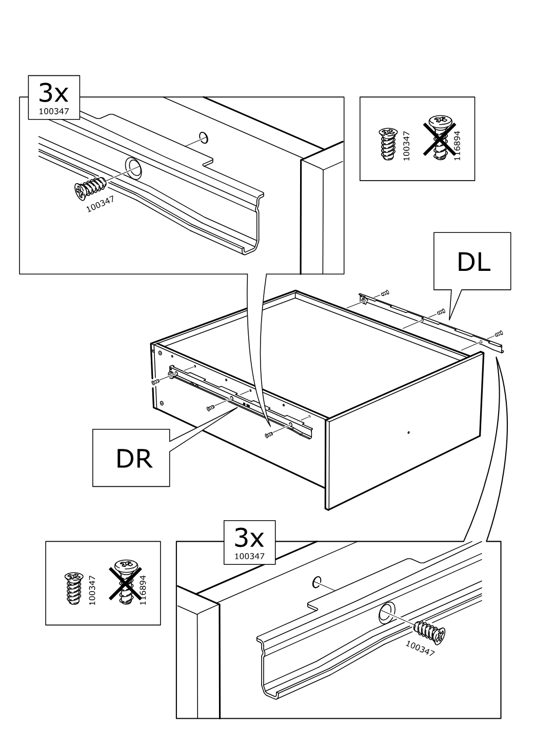 Diagram for step 40: Attach the two rail pieces to the drawer assembly using three screws (103347) on each side, with orientation differing for DR and DL.