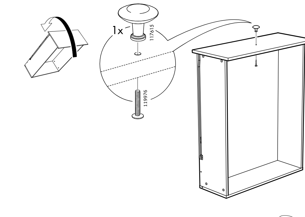 Diagram for step 41: A knob and screw are aligned and fastened to the cabinet top panel using the shown hardware orientation.