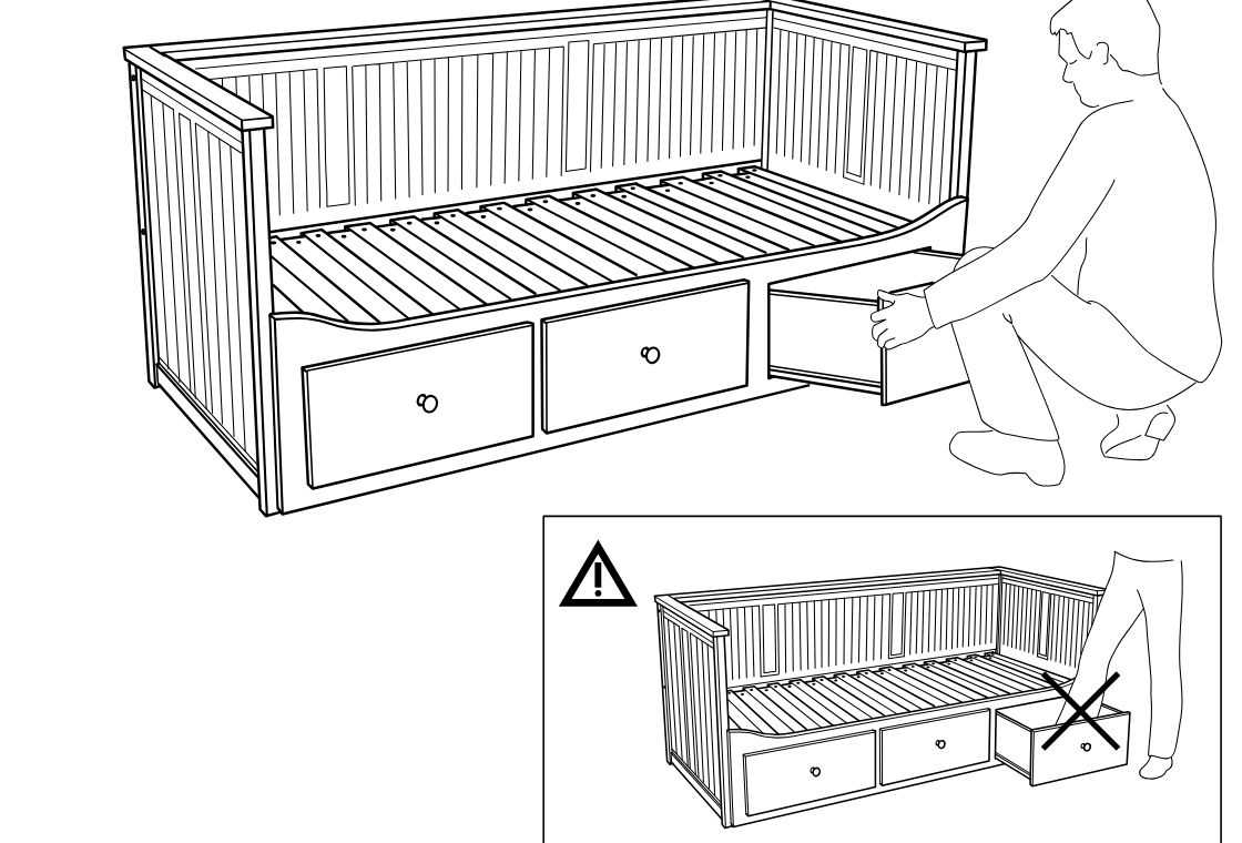 Diagram for step 42: A person pulls out the right drawer of the bed/daybed, while an inline caution box shows not to use an open drawer as a step.