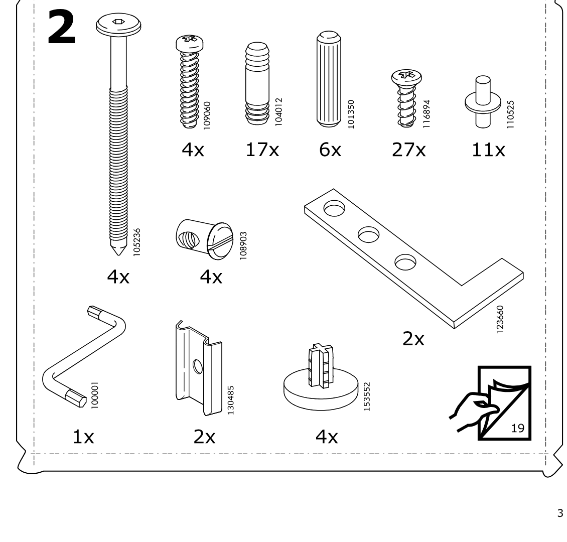 Illustration for assembly note: Parts-bag reference panel 2 showing required hardware, tool, and fittings with quantities for bag 19.