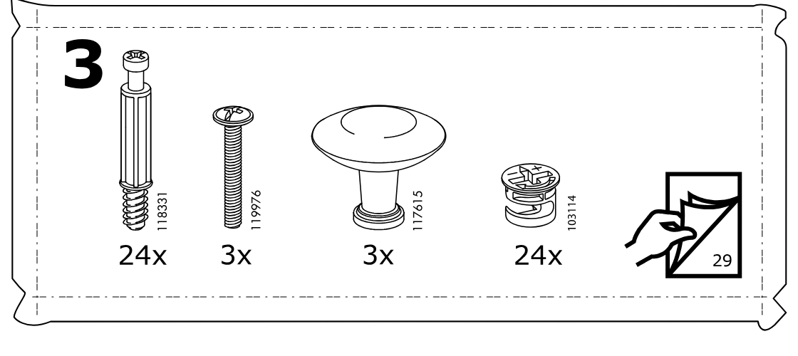 Illustration for assembly note: Hardware bag 3 shows four fastener types with part numbers and quantities, plus a note that one item continues on page 29.