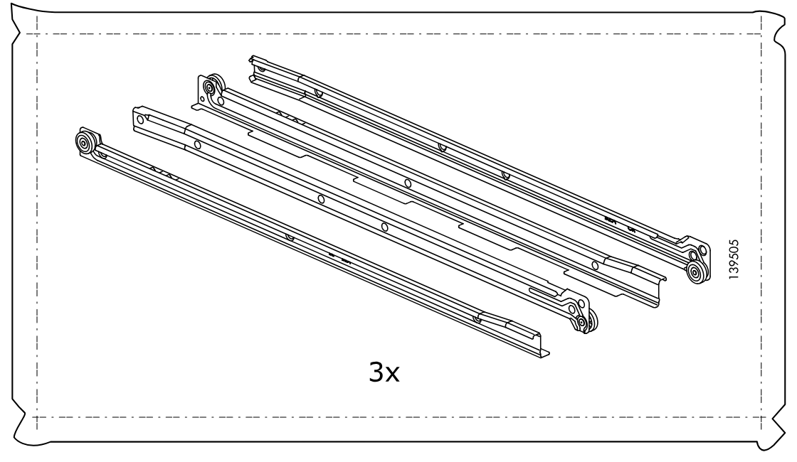 Illustration for assembly note: Hardware bag section shows drawer slide part 139505 with quantity 3x.