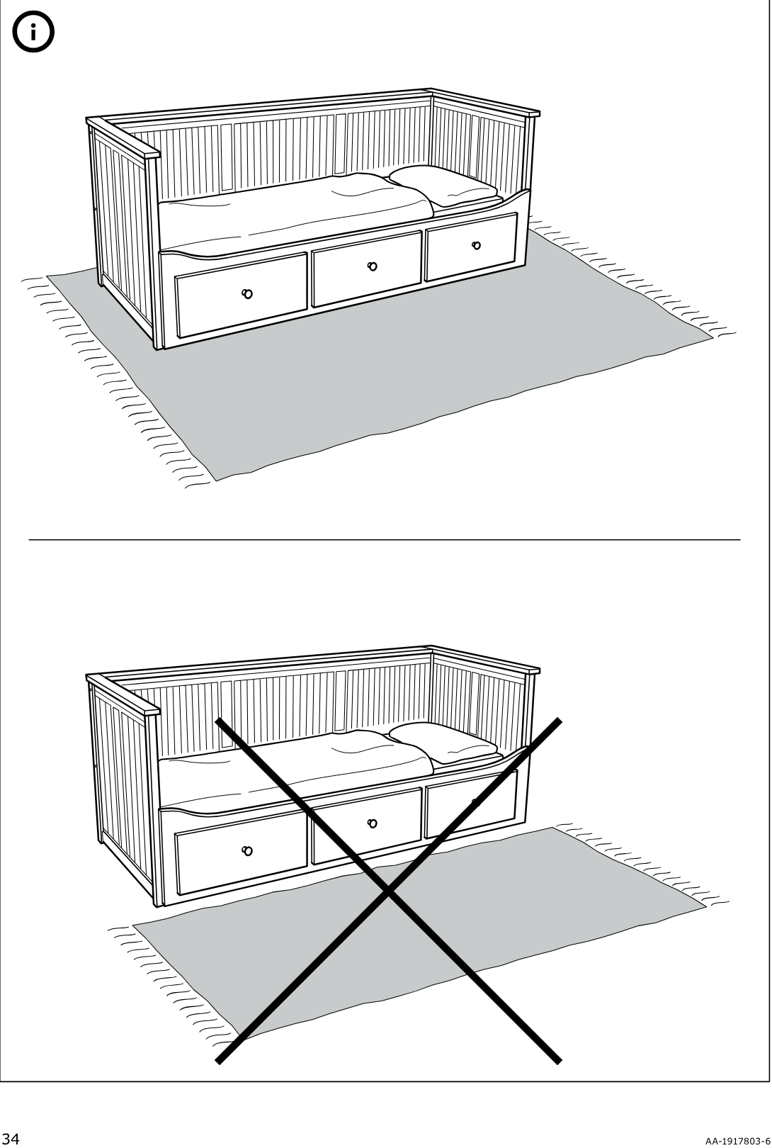 Illustration for assembly note: A standalone information panel shows correct and incorrect rug placement under the daybed: the top illustration is acceptable and the bottom illustration is crossed out as not acceptable.