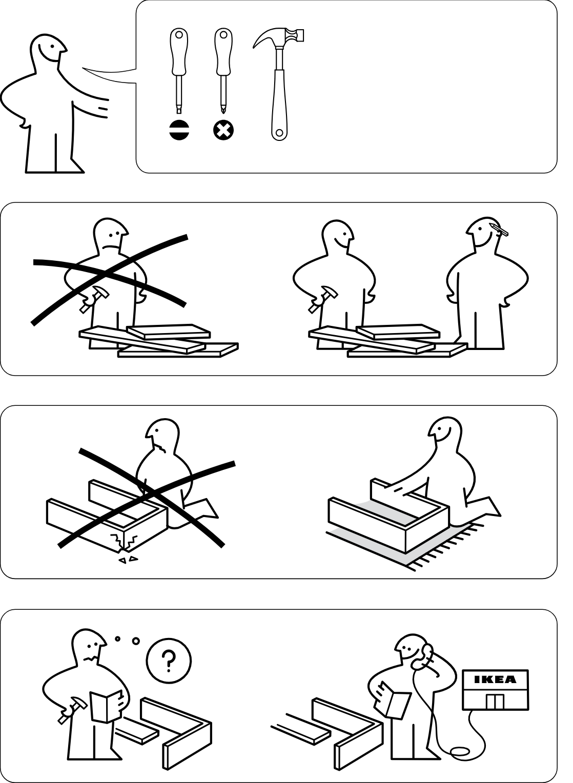 Illustration for assembly note: Preparation and safety panels show required tools, recommend two-person assembly, warn against assembling on hard surfaces, and advise reading instructions or contacting IKEA support if unsure.