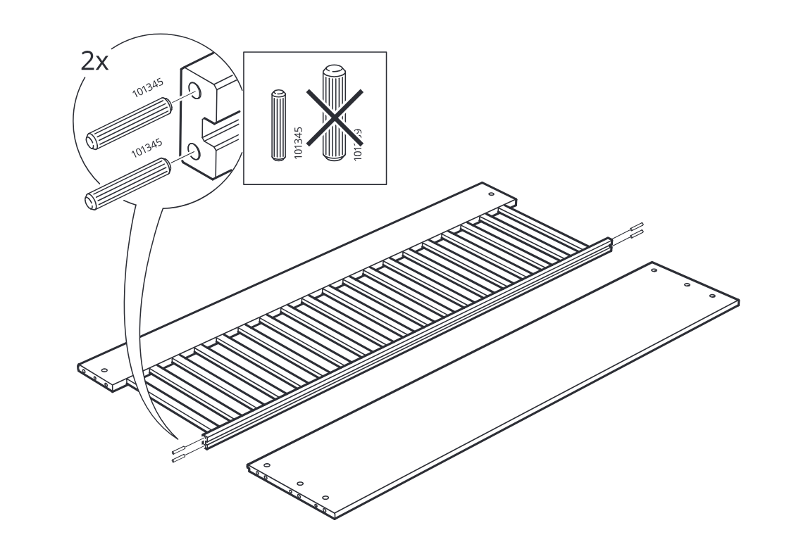 Diagram for step 2: Two 101345 dowels are inserted into the side panel holes, with an inline comparison box indicating the correct dowel length.
