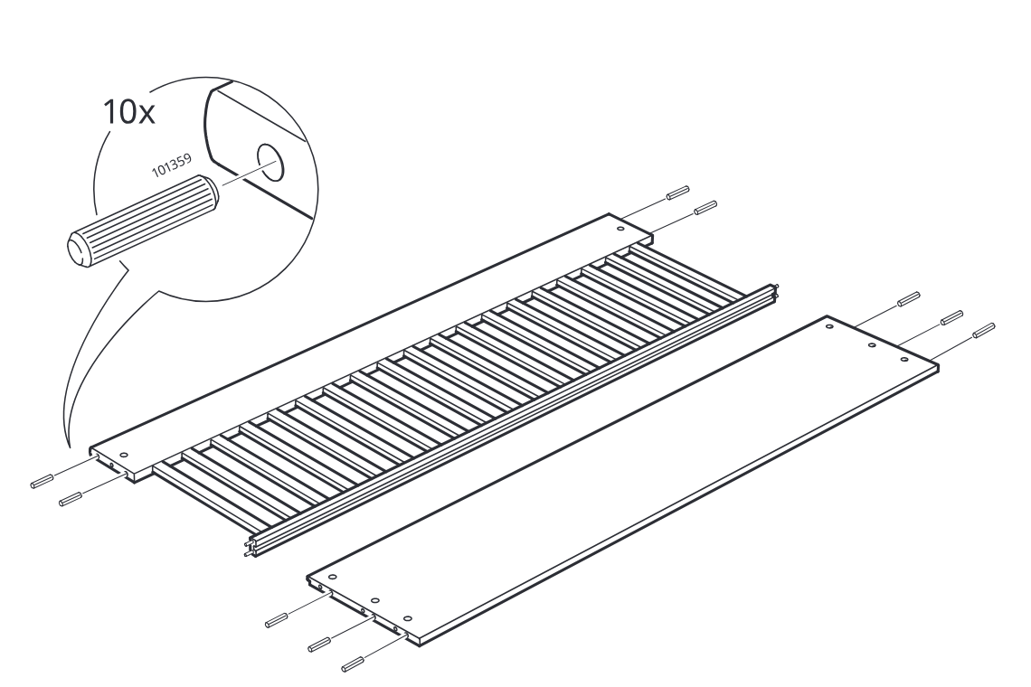 Diagram for step 3: Ten 101359 dowels are inserted into the indicated holes across both long panels around the slatted center section.