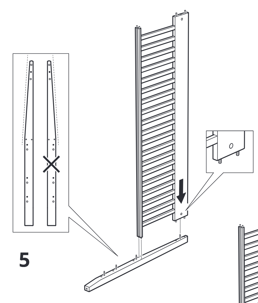 Diagram for step 4: The side ladder frame is aligned and lowered onto the bottom rail with the correct orientation, with inset callouts showing the peg alignment and forbidden reversed orientation.