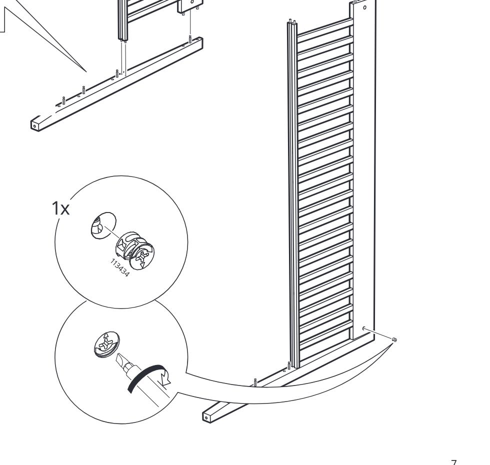 Diagram for step 5: A cam lock (part 113434) is inserted and tightened with a screwdriver to secure the assembled frame to the bottom rail, as shown by the circular zooms and rotation arrow.