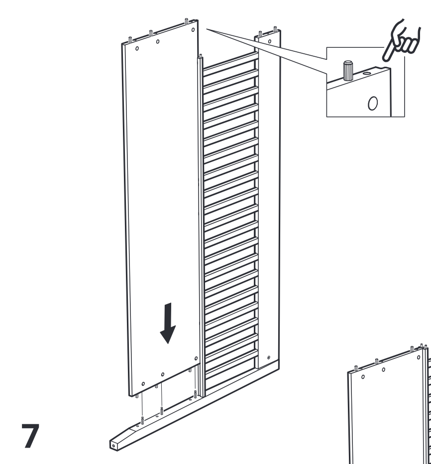 Diagram for step 6: The side panel is lowered onto the frame and aligned with the top dowel orientation shown in the zoom callout.