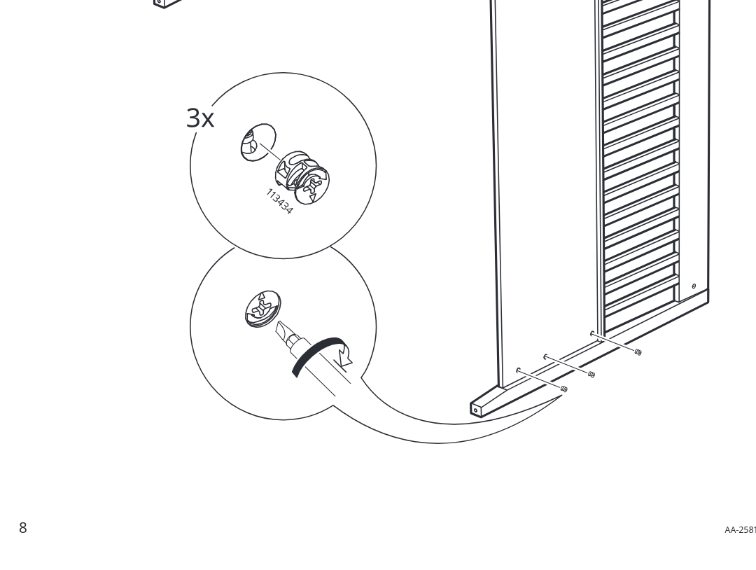 Diagram for step 7: The second bottom rail is positioned and secured with three cam locks, then tightened as shown in the two circular zoom callouts.