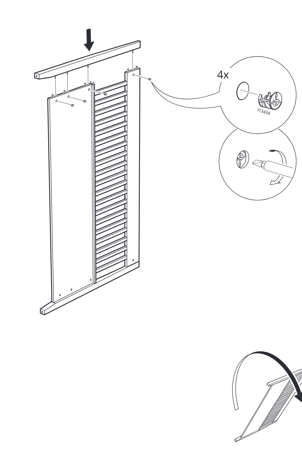 Diagram for step 8: The top rail is placed onto the frame, four cam locks (113434) are inserted and tightened, and the assembly is then rotated to a new orientation.