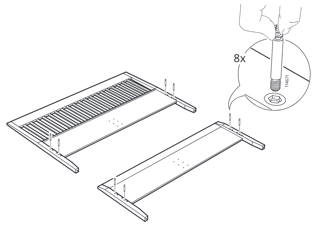 Diagram for step 9: The installer screws eight threaded studs into the marked holes on both side-frame panel assemblies.