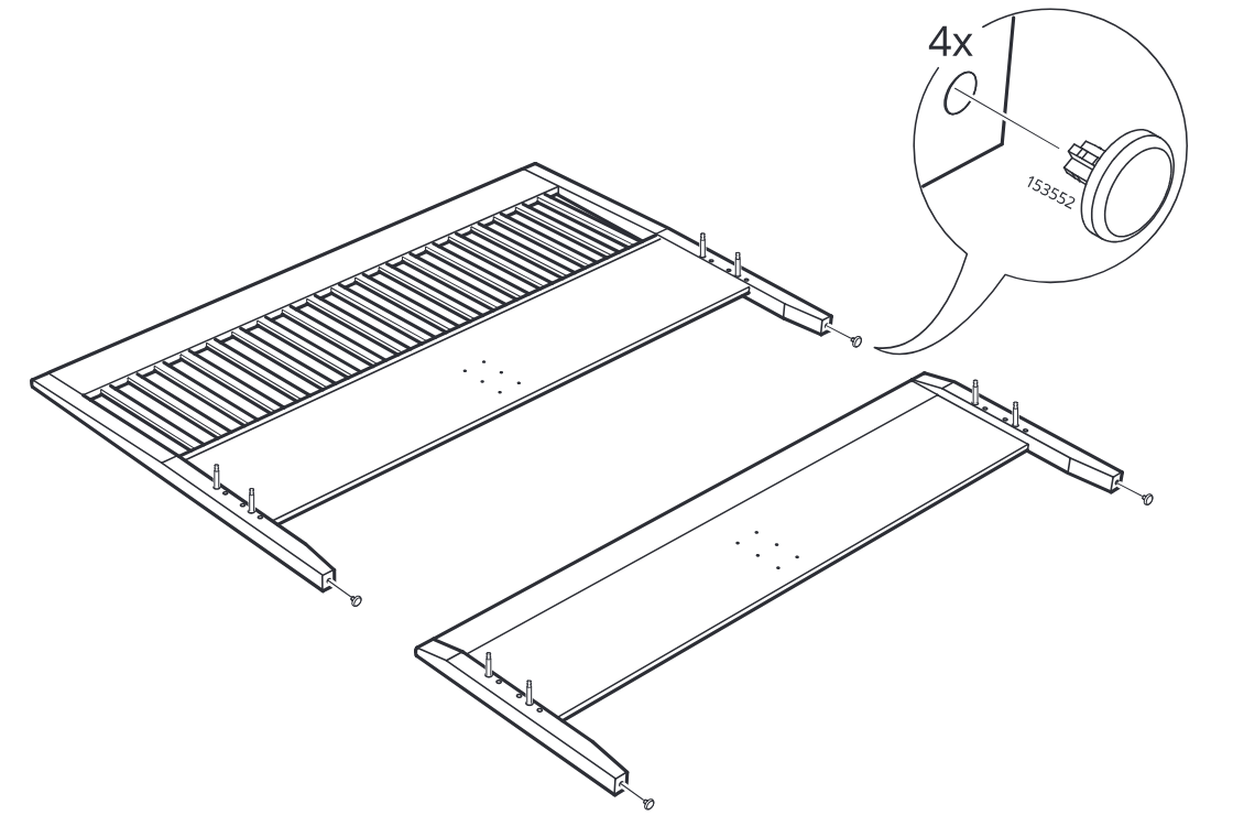 Diagram for step 10: The installer pushes four round caps into the side-frame end holes on the two panel assemblies.