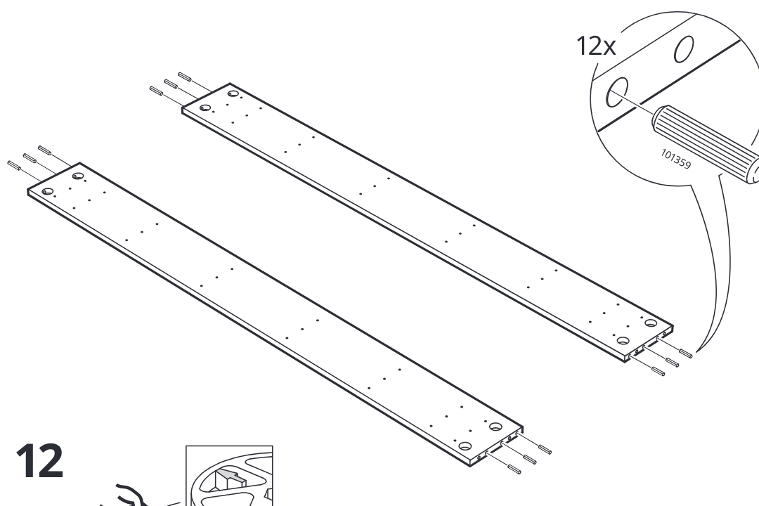 Diagram for step 11: Insert twelve dowels (101359) into the end holes of the two long panels, six per panel.