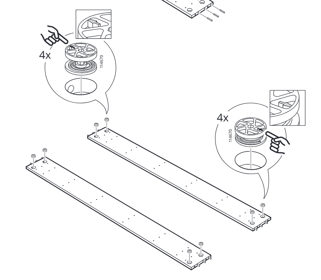 Diagram for step 12: Press four cam locks (114670) into the large circular holes on each long panel with the arrow orientation set as shown in the zoom callouts.