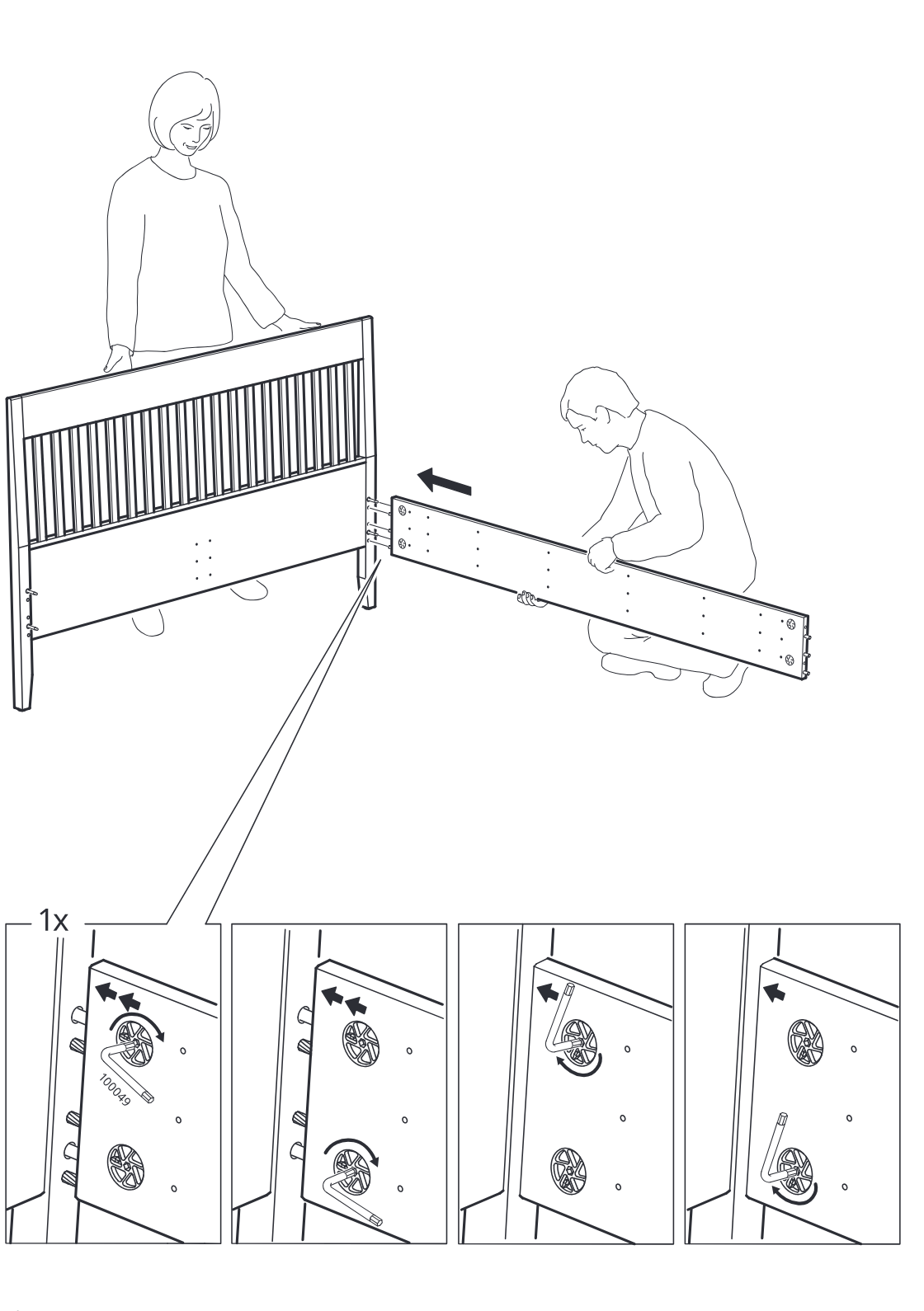 Diagram for step 13: Two people align the long side rail with the headboard and lock the cam fittings, as shown in the four close-up panels.